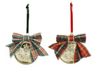 Gold embossed Christmas bauble with tartan ribbon