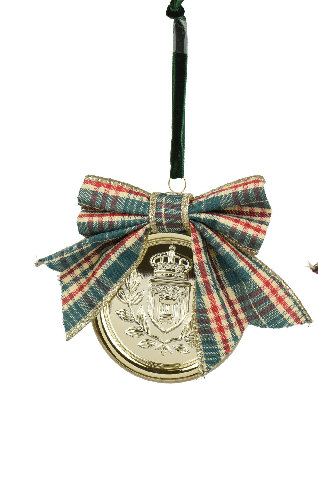 Gold embossed Christmas bauble with tartan ribbon