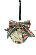 Gold embossed Christmas bauble with tartan ribbon