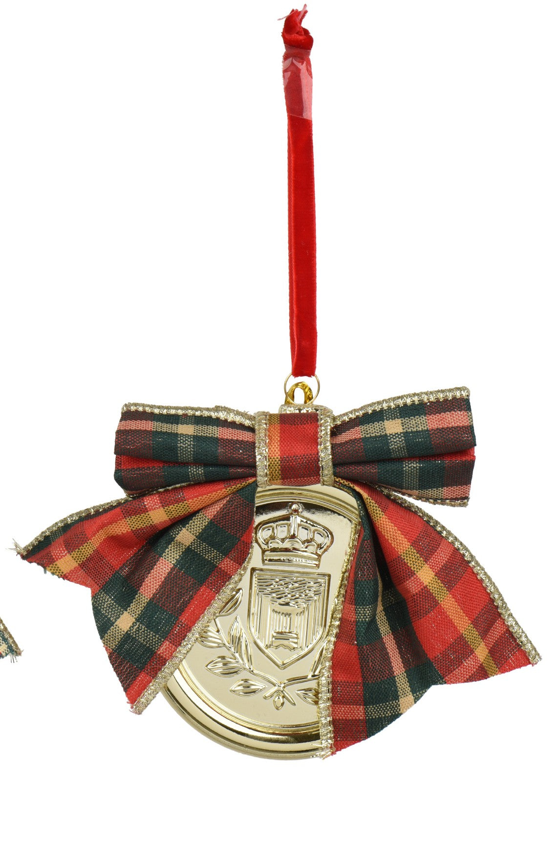 Gold embossed Christmas bauble with tartan ribbon