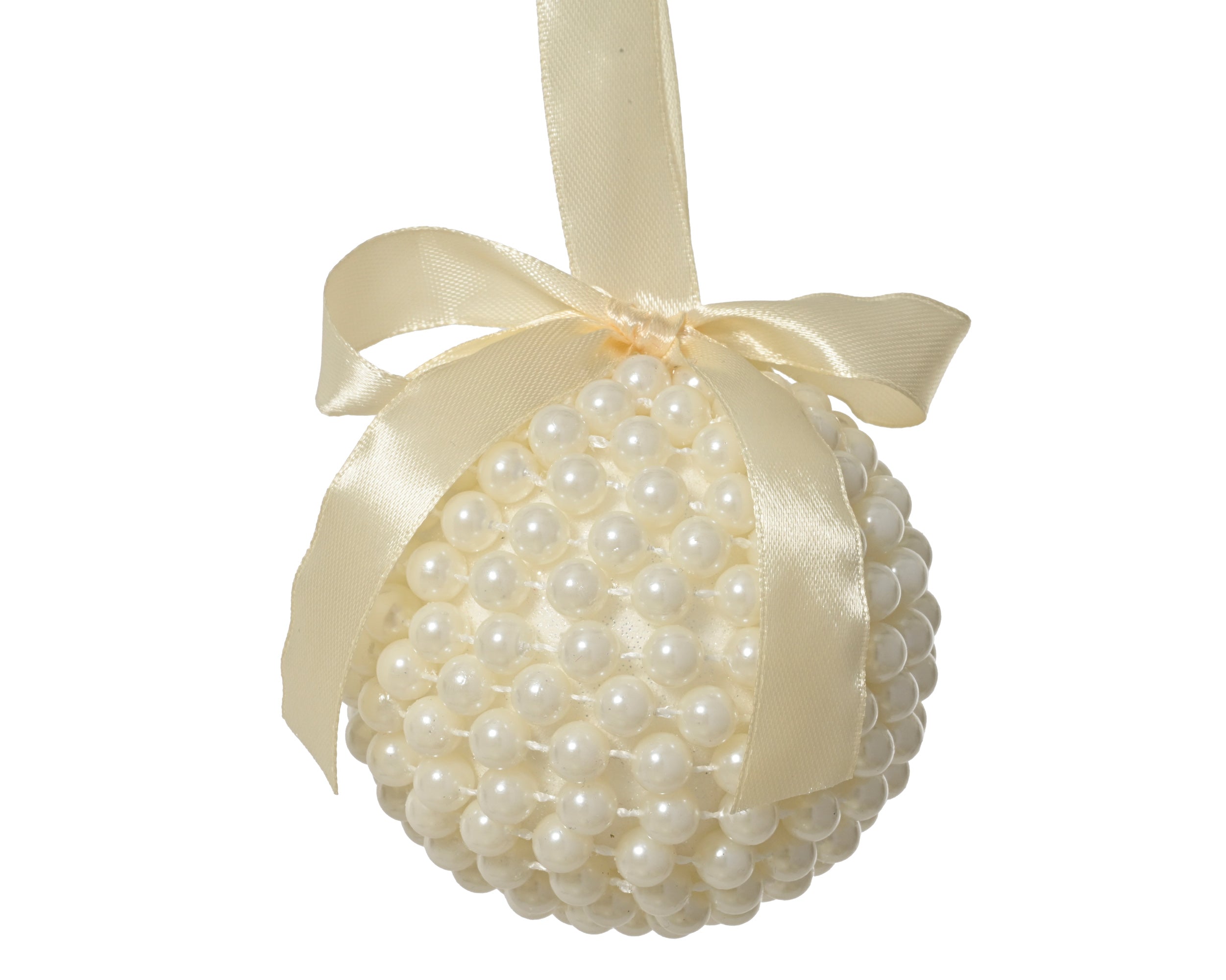 Pearl shatterproof bauble with cream bow, 10cm