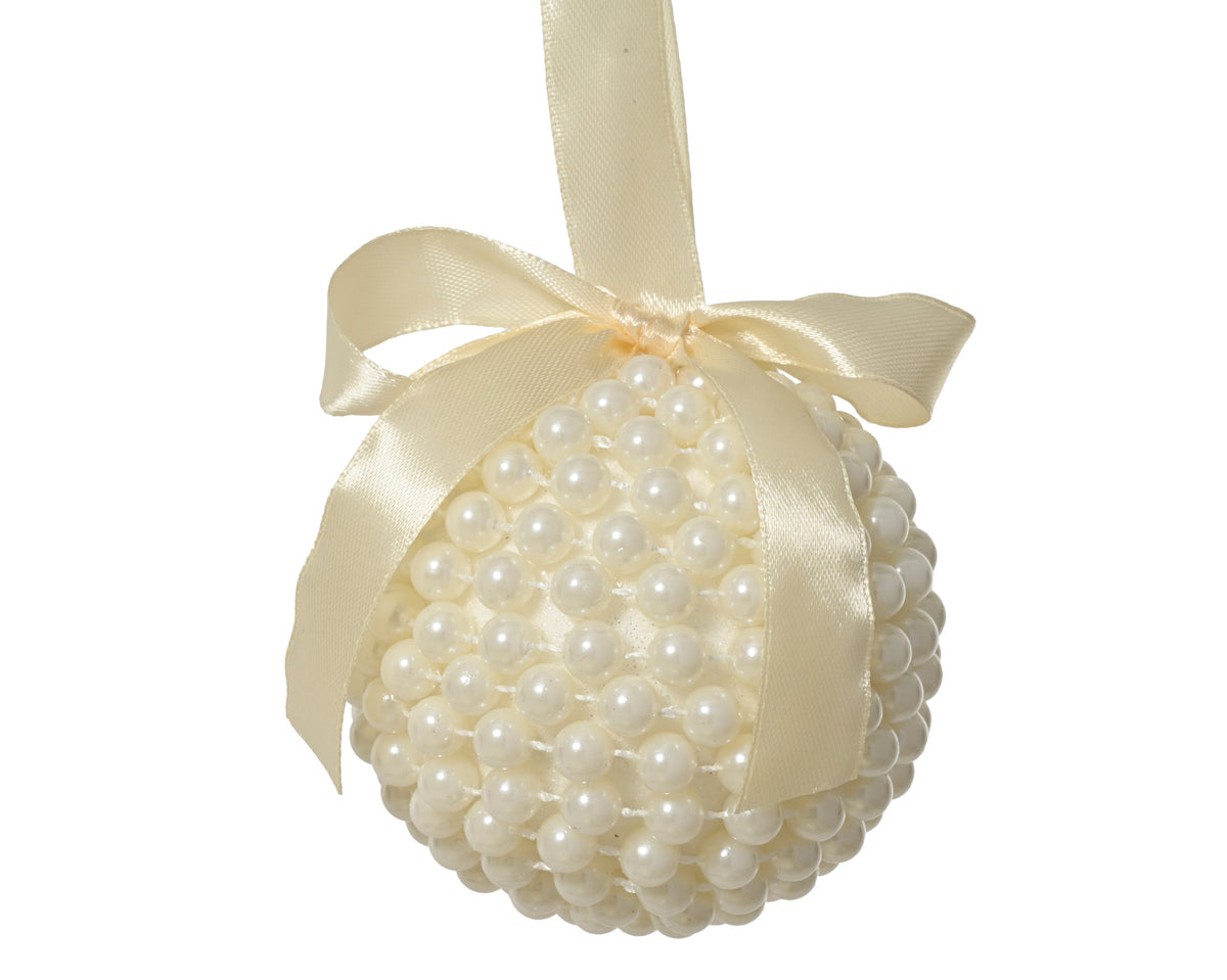 Pearl shatterproof bauble with cream bow, 8cm