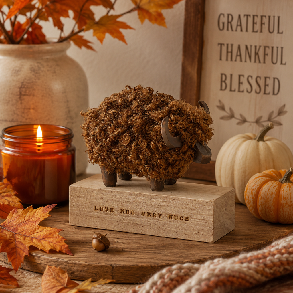 Highland cow on wooden block