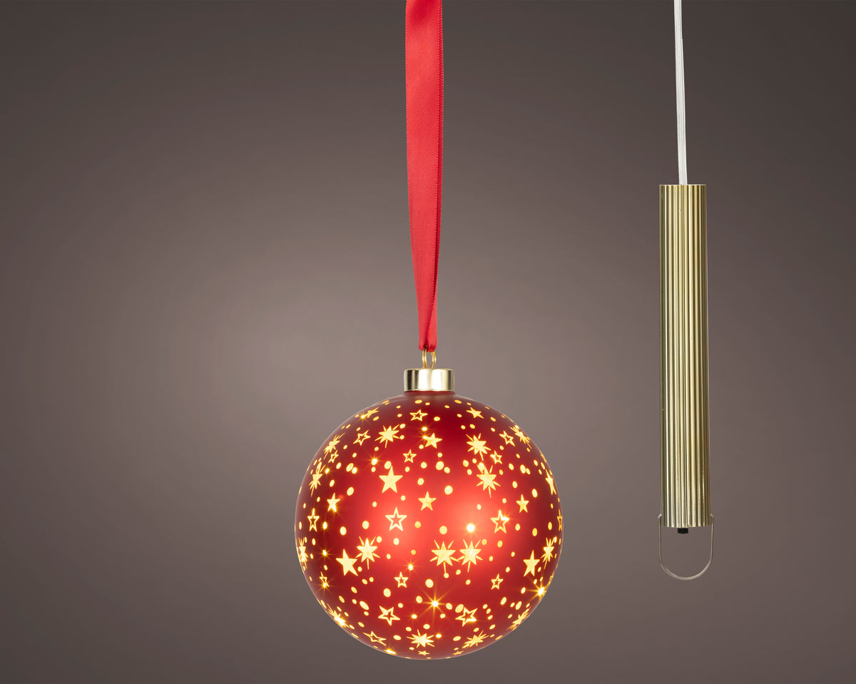 LED Christmas red glass bauble, 14cm