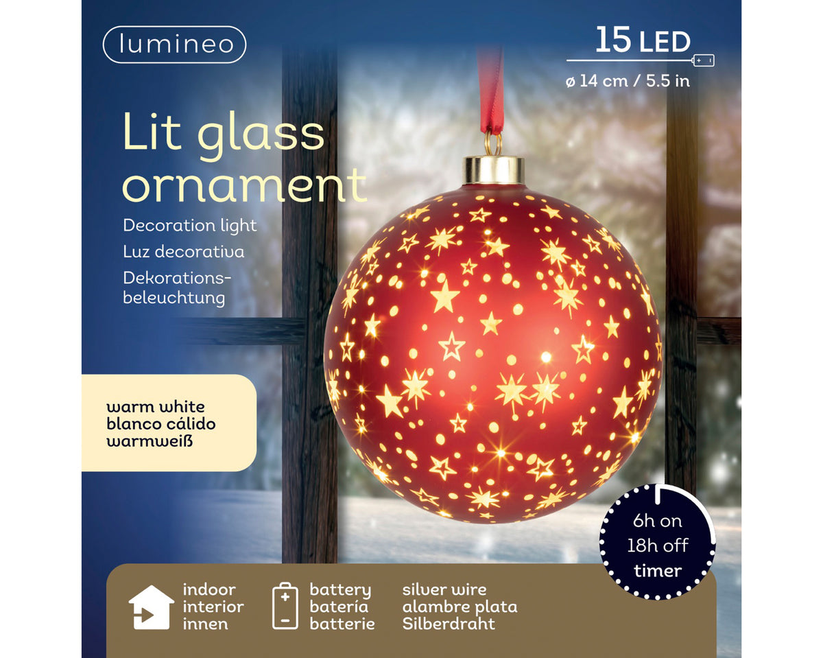 LED Christmas red glass bauble, 14cm