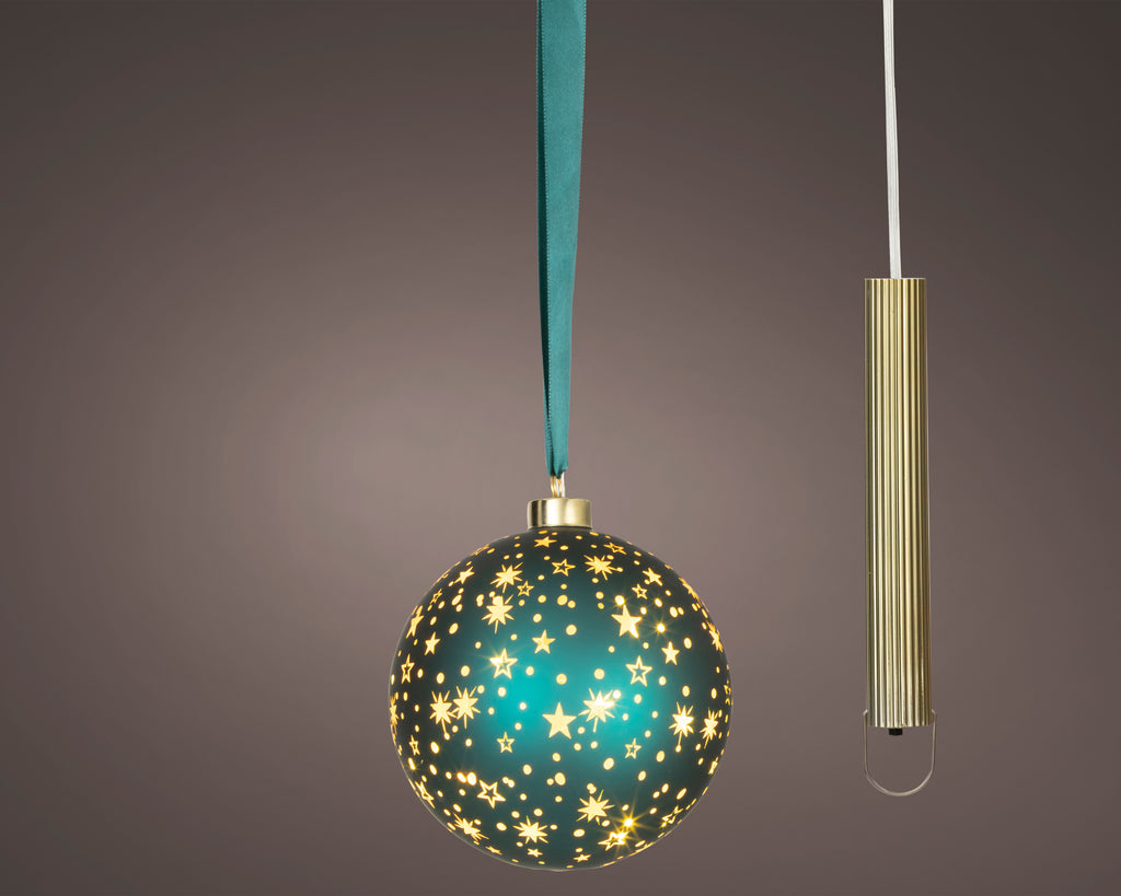 LED Dark green glass bauble, 14cm