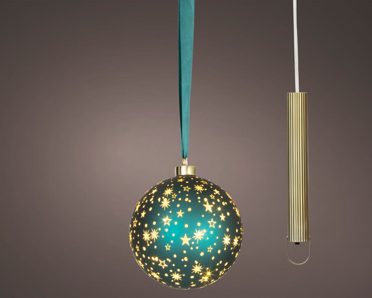 LED Dark green glass bauble, 14cm