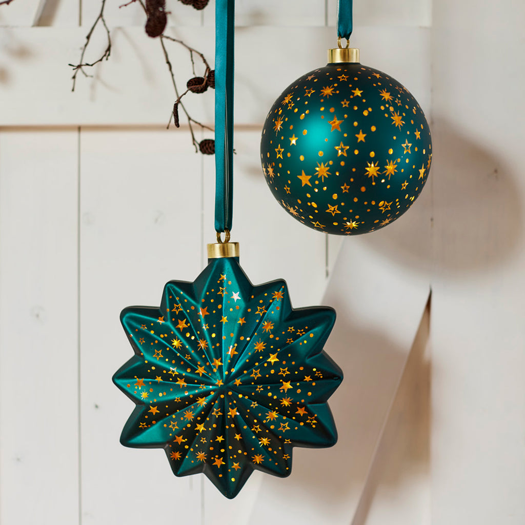 LED Dark green glass bauble, 14cm