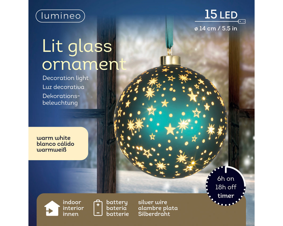 LED Dark green glass bauble, 14cm