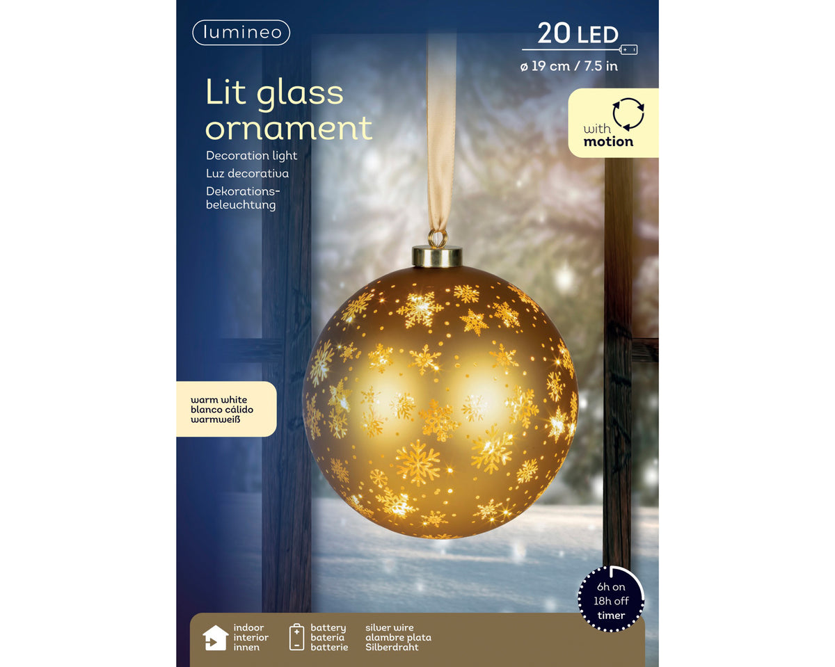 Micro LED gold rotating glass bauble, 19cm