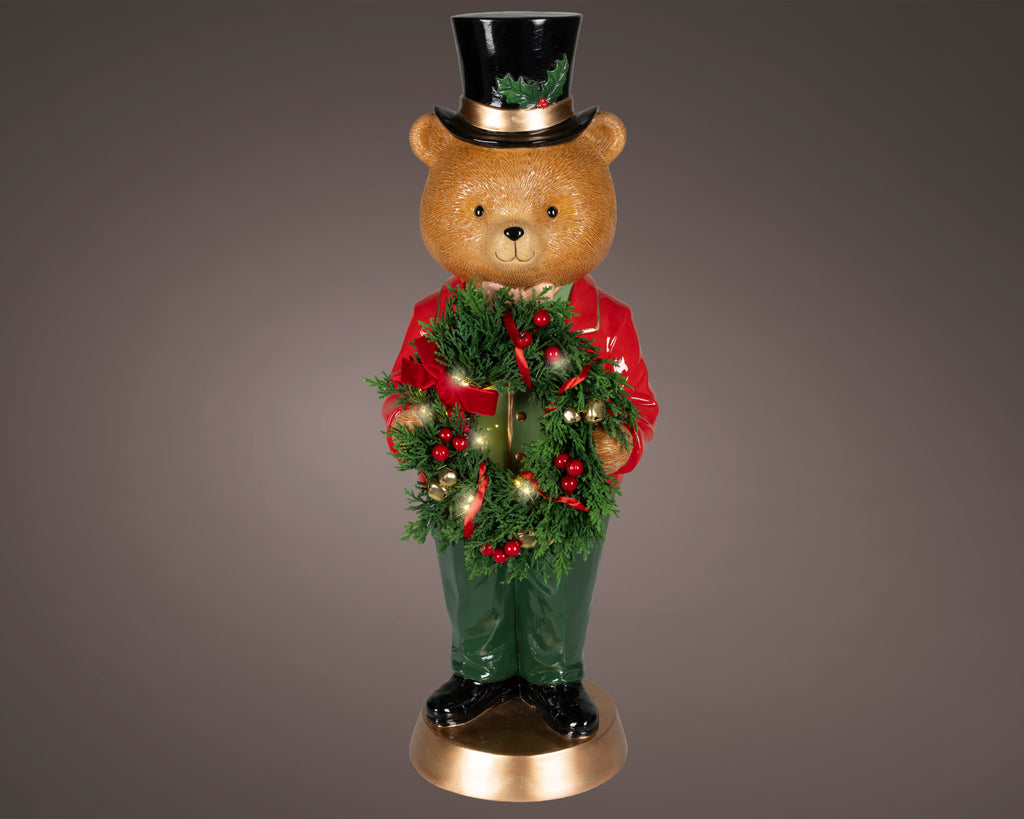 Micro LED Christmas bear ornament with wreath and top hat