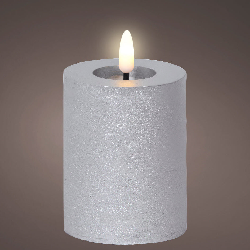 Silver LED wax pillar candle (11.2cmH)