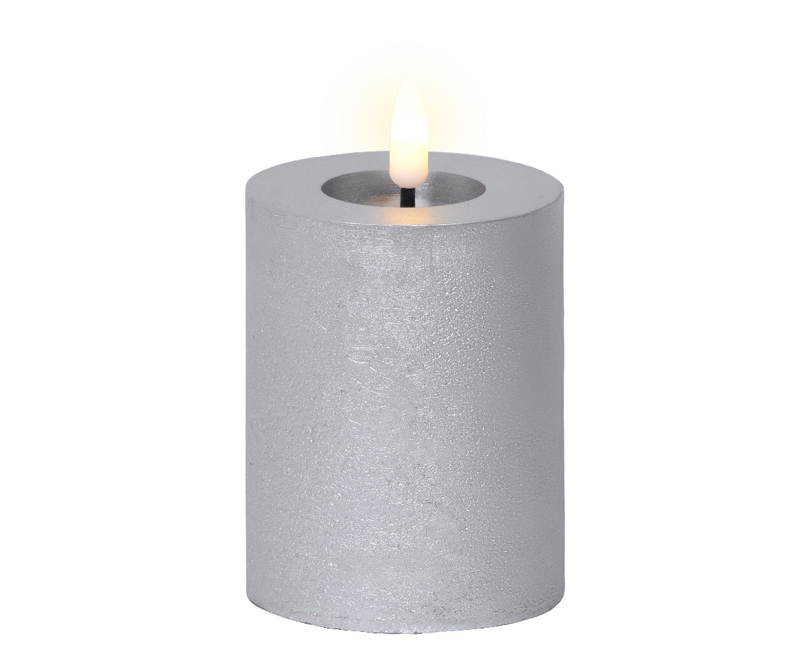 Silver LED wax pillar candle (11.2cmH)