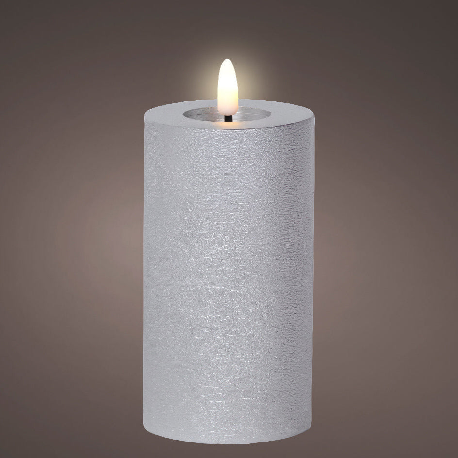 Silver LED wax pillar candle (15cmH)
