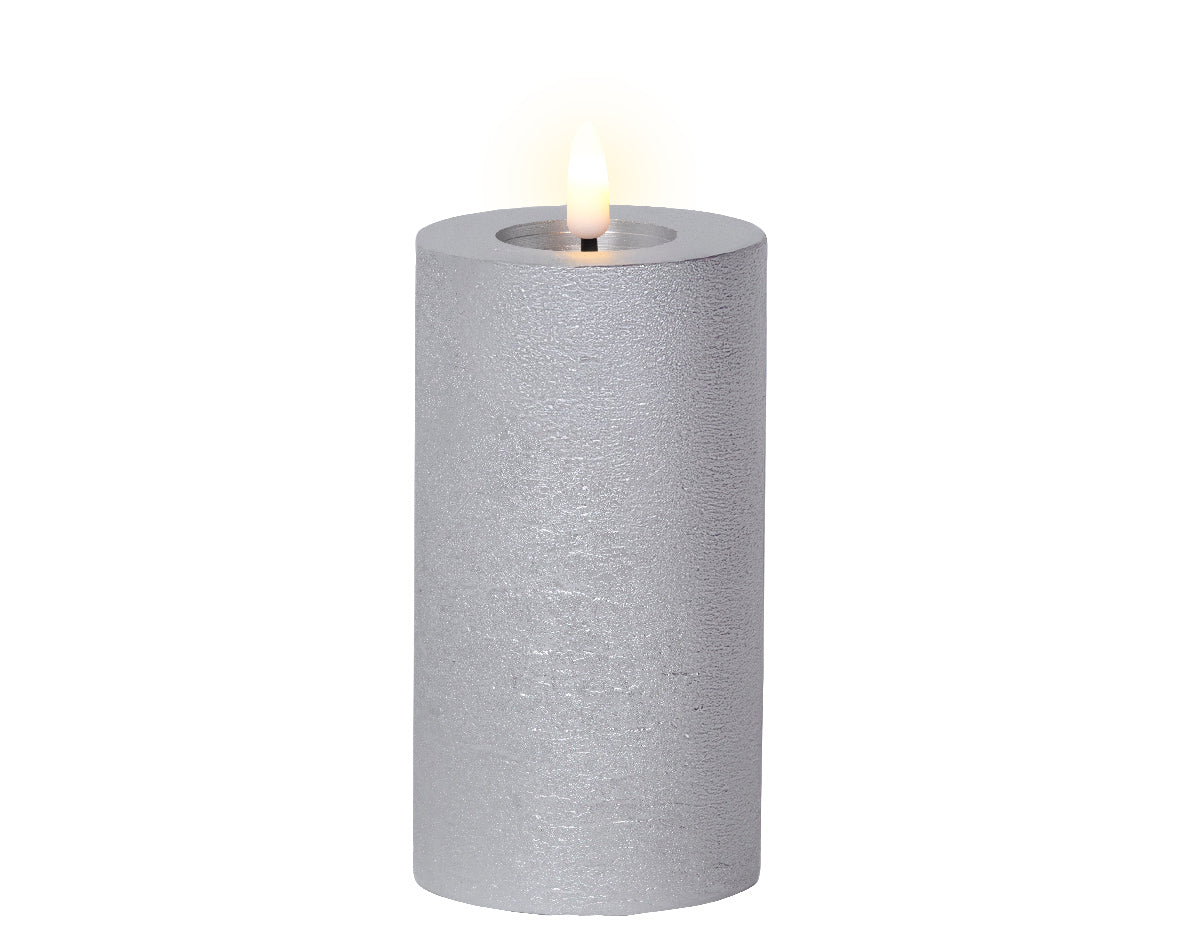 Silver LED wax pillar candle (15cmH)