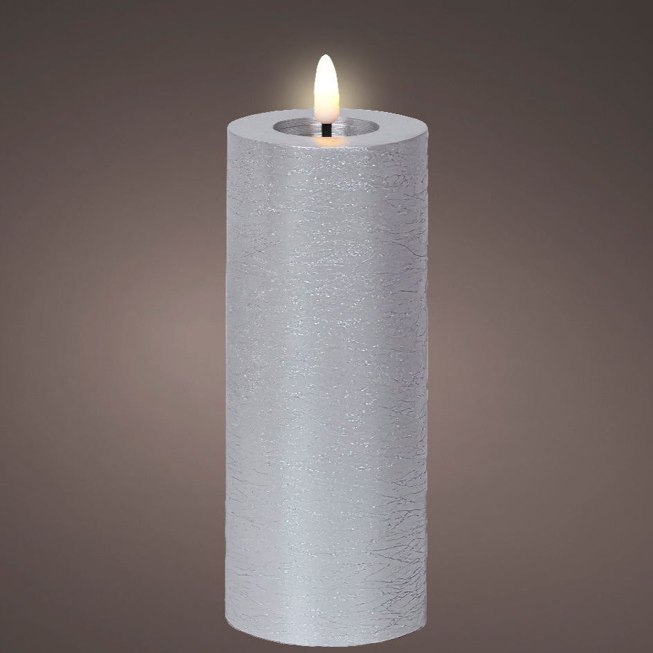Silver LED wax pillar candle (19cmH)