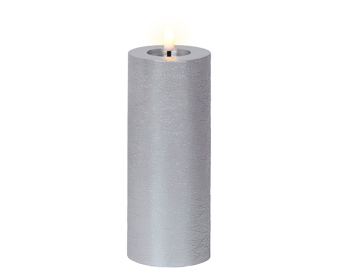 Silver LED wax pillar candle (19cmH)