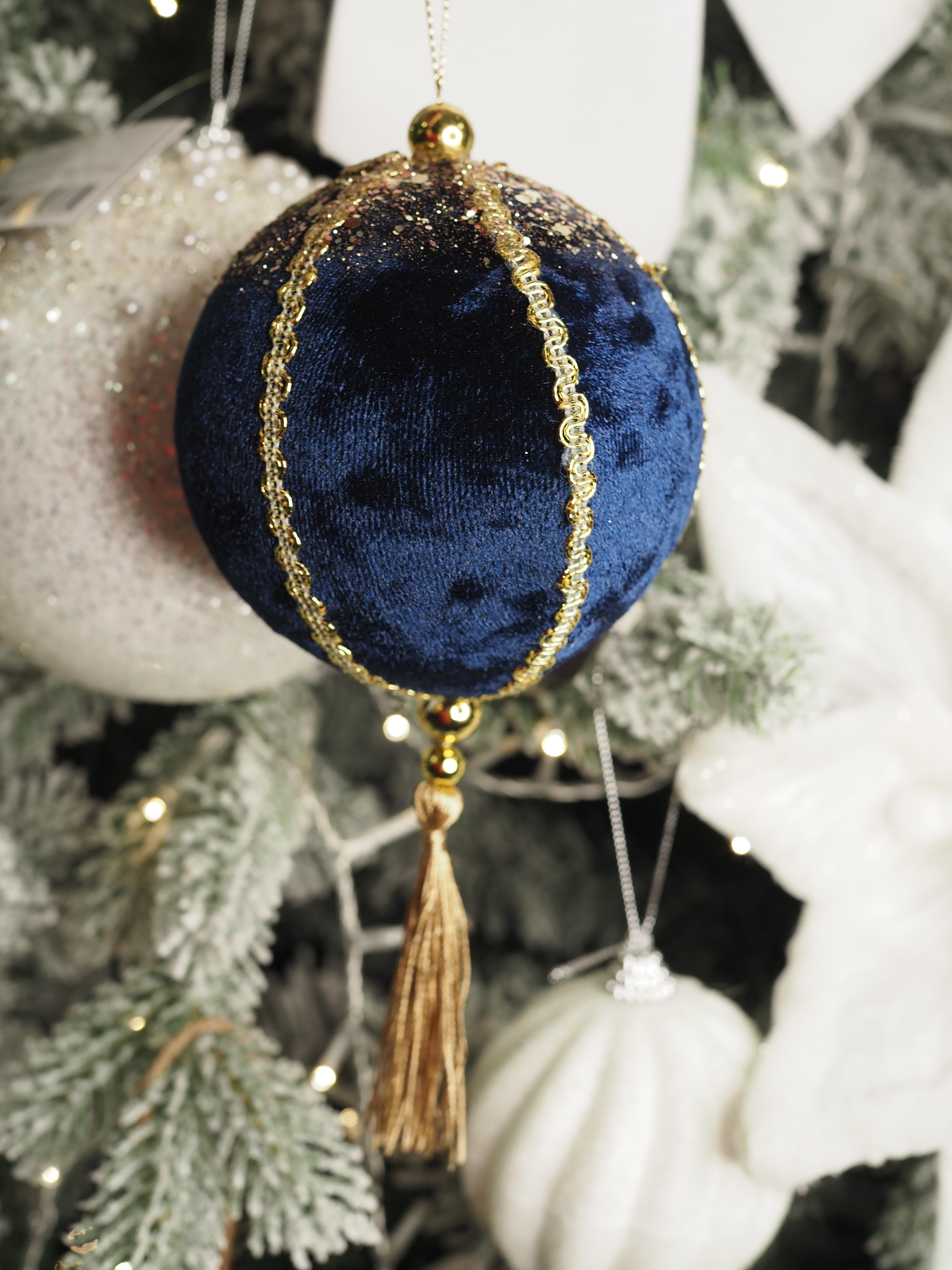 11cm Dark blue velvet bauble with gold tassel hanging decoration