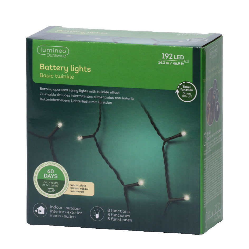 Outdoor 192 LED battery operated warm white lights on black cable