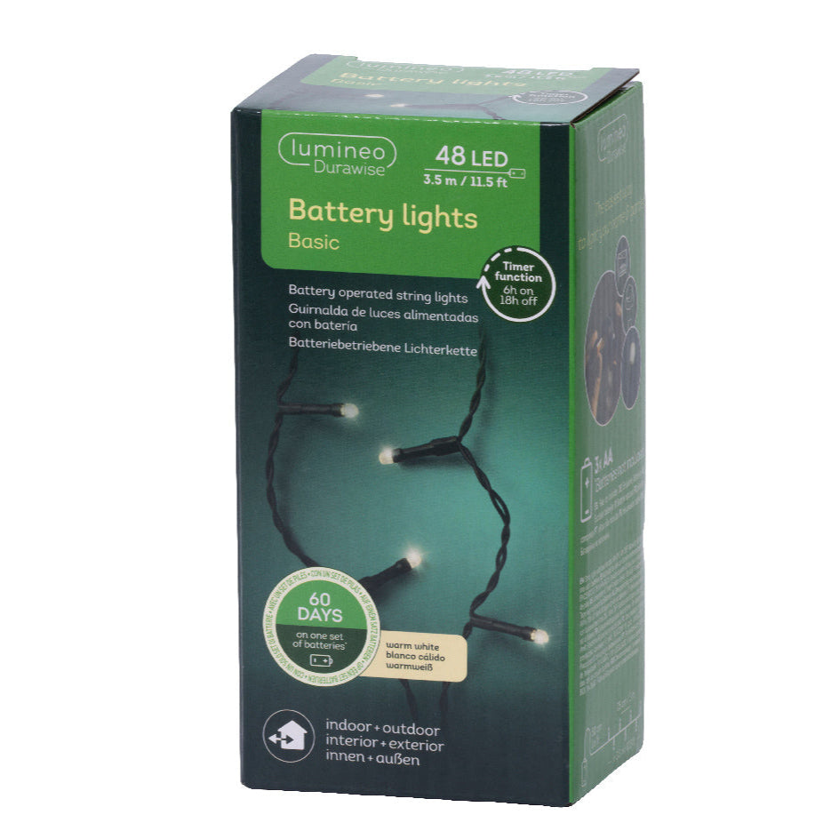 48 LED Battery Operated Warm White Lights on Black Cable