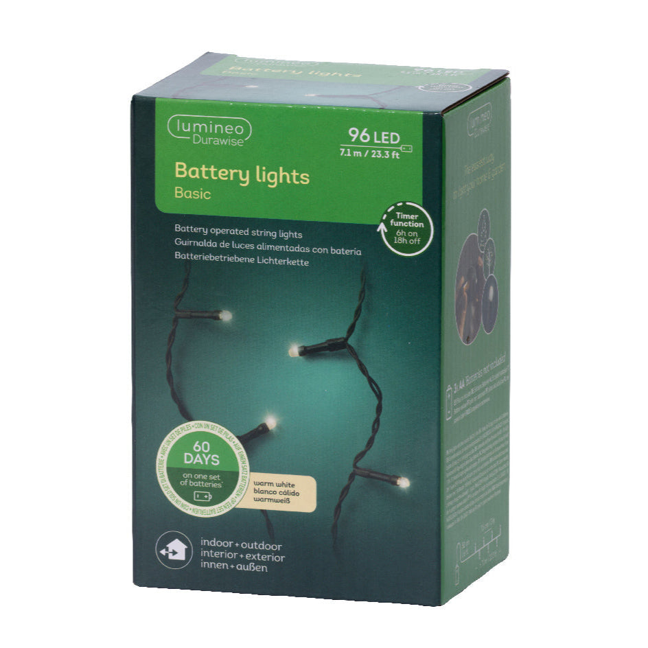 96 LED Battery operated warm white lights on black cable