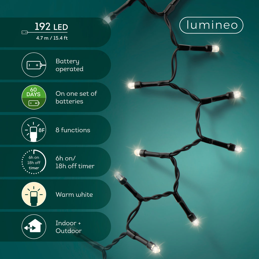 Outdoor 192 LED battery operated warm white lights on black cable