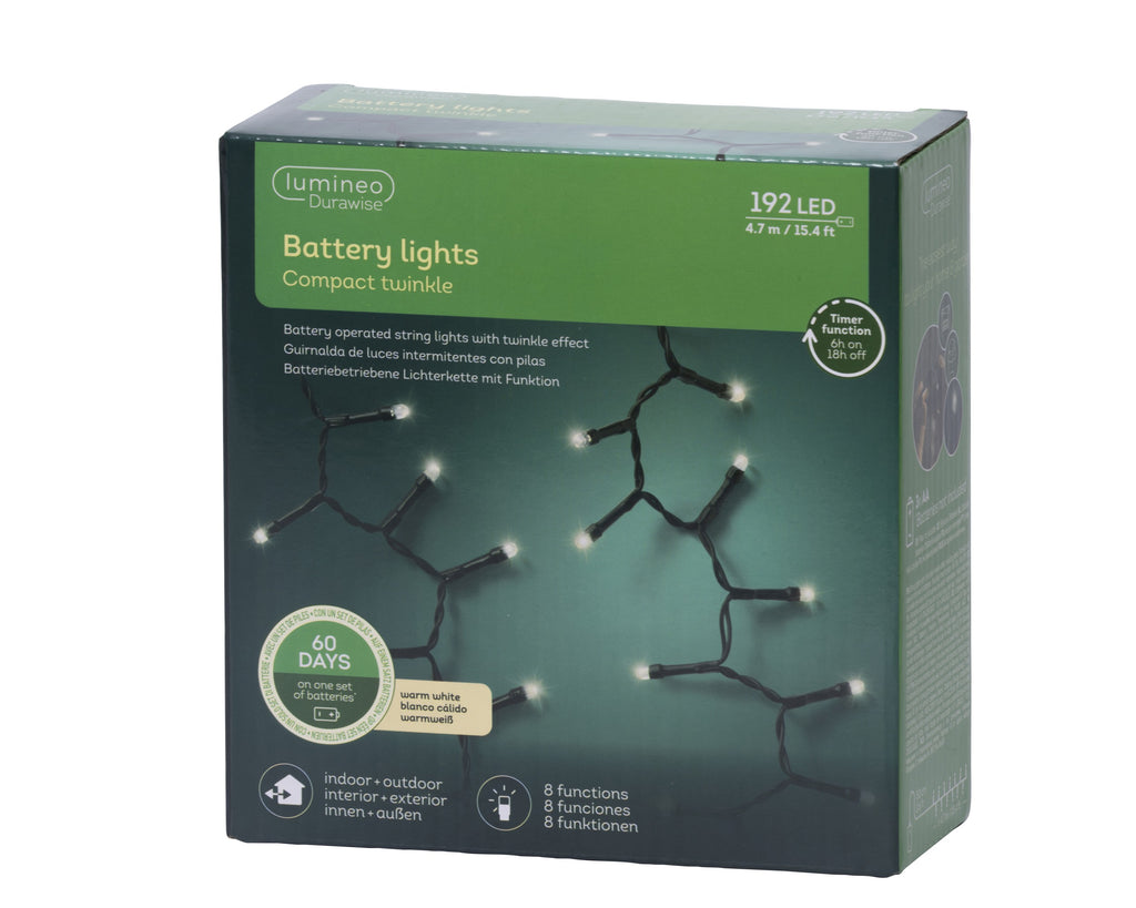Outdoor 192 LED battery operated warm white lights on black cable