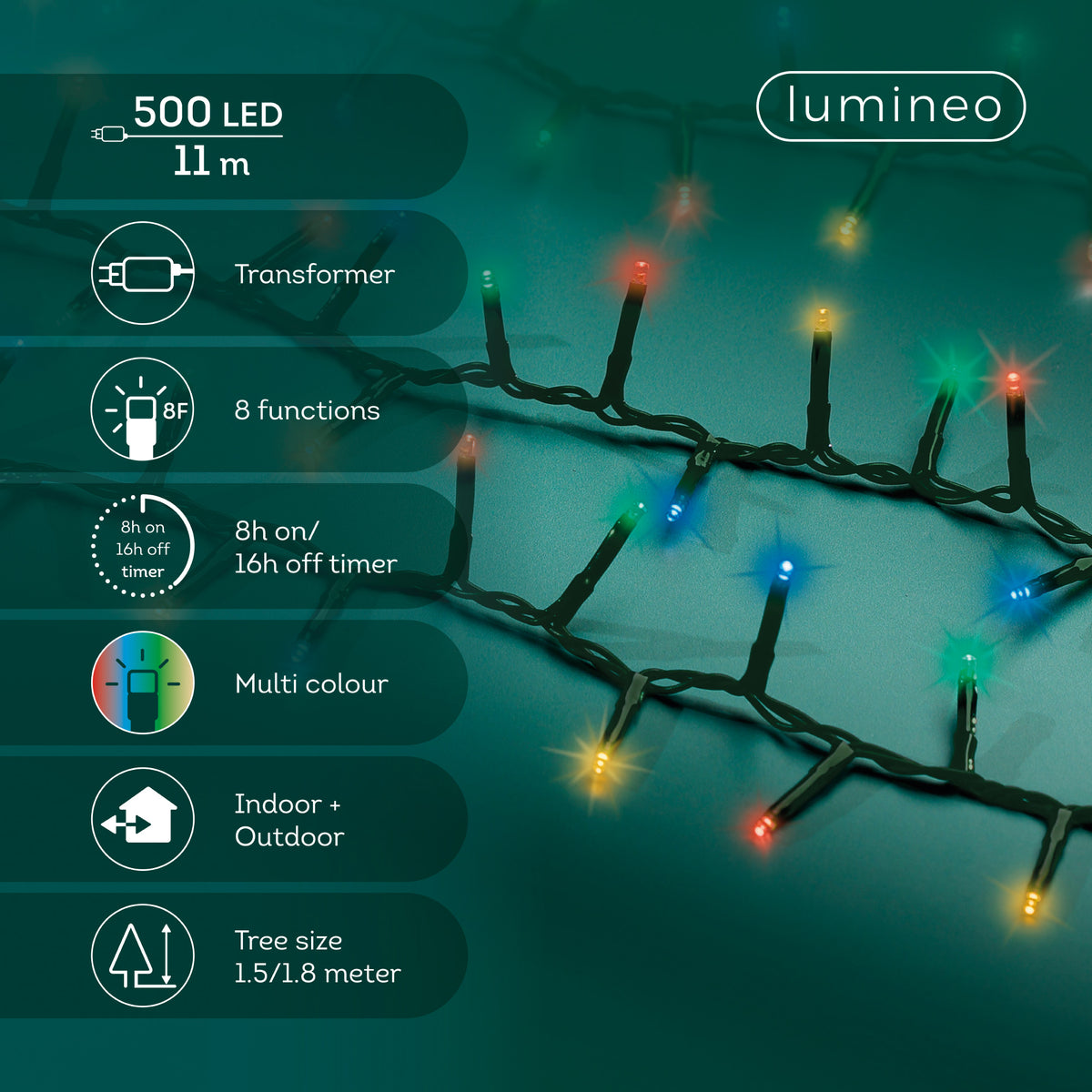500 LED compact multi colour lights on green cable