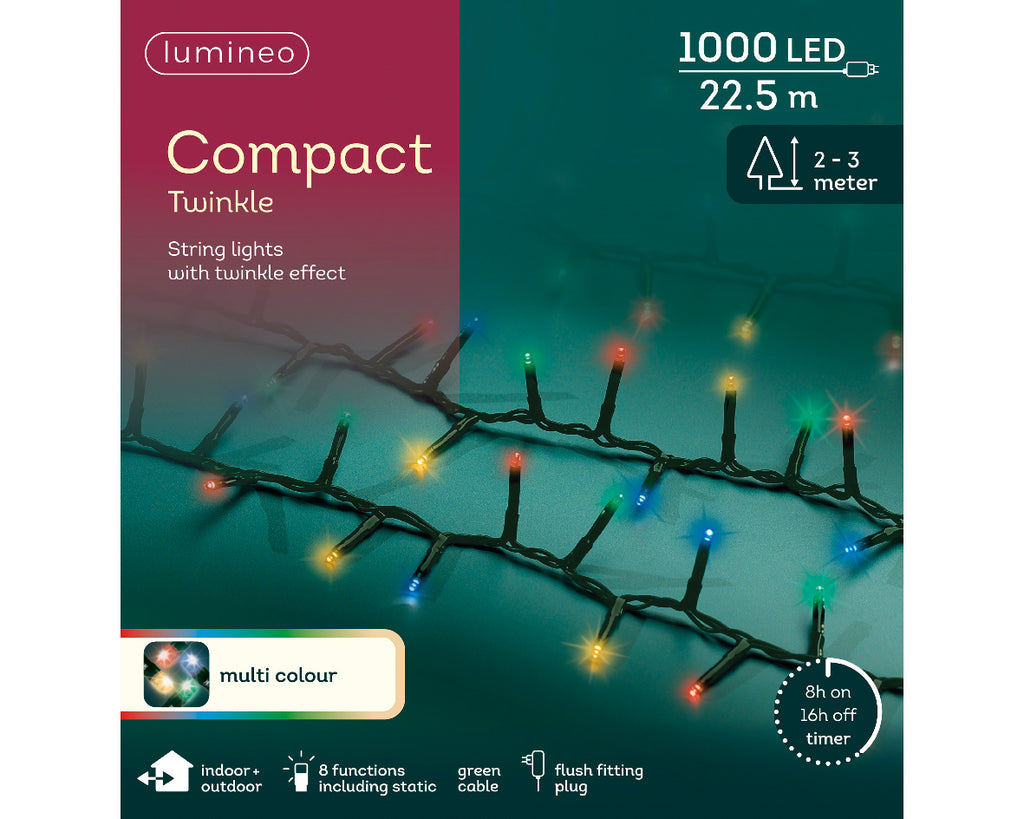 1000 LED Compact Multi Coloured Lights on Green Cable