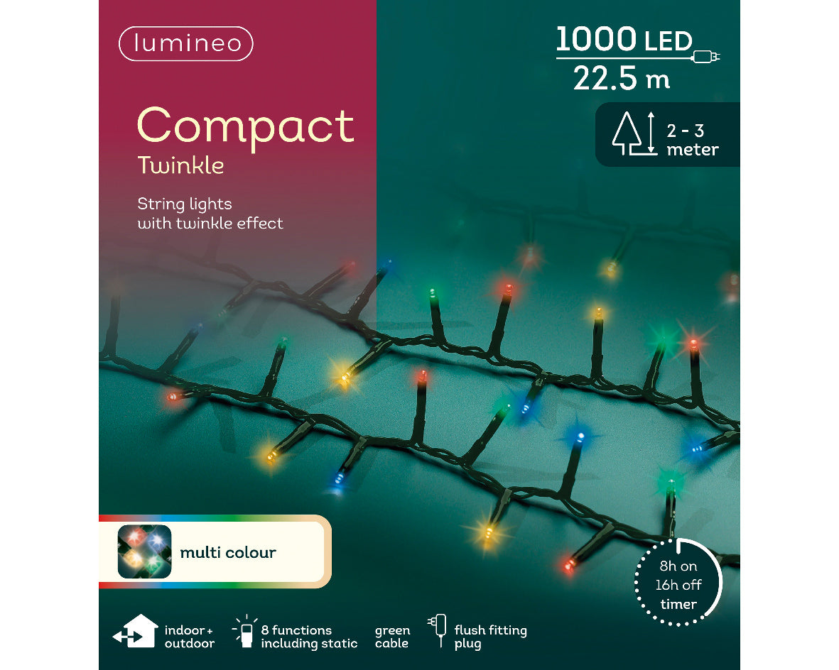 1000 LED Compact Multi Coloured Lights on Green Cable