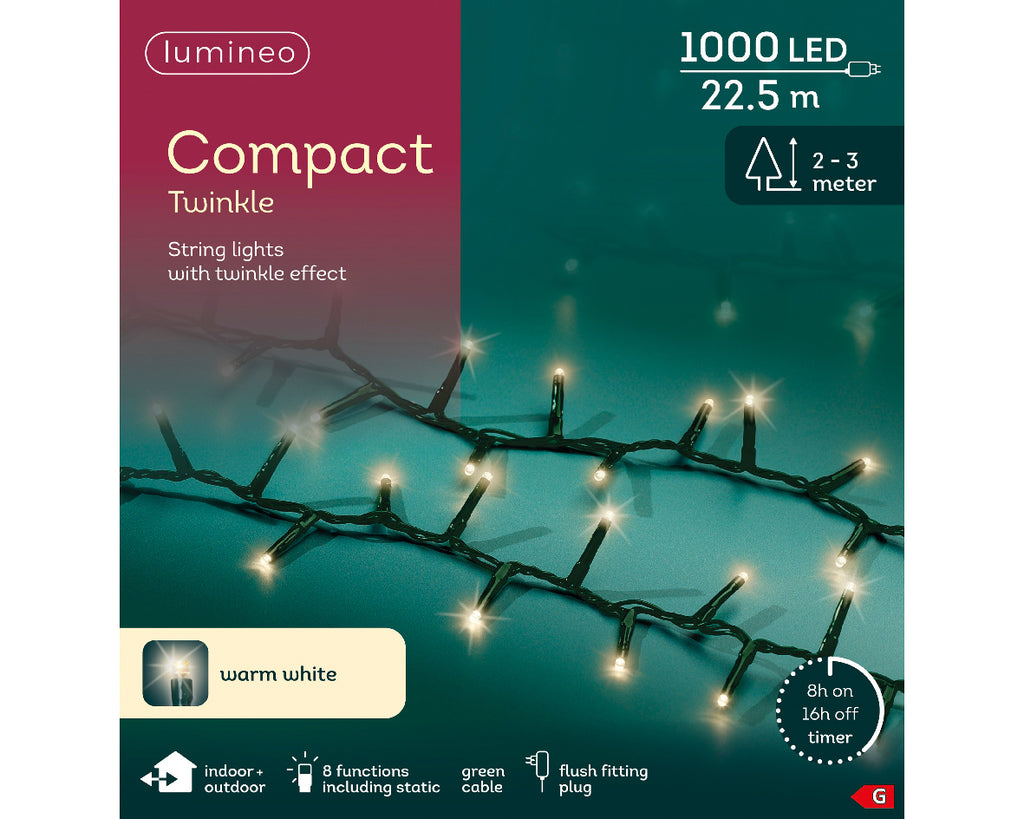 1000 LED compact warm white lights on green cable