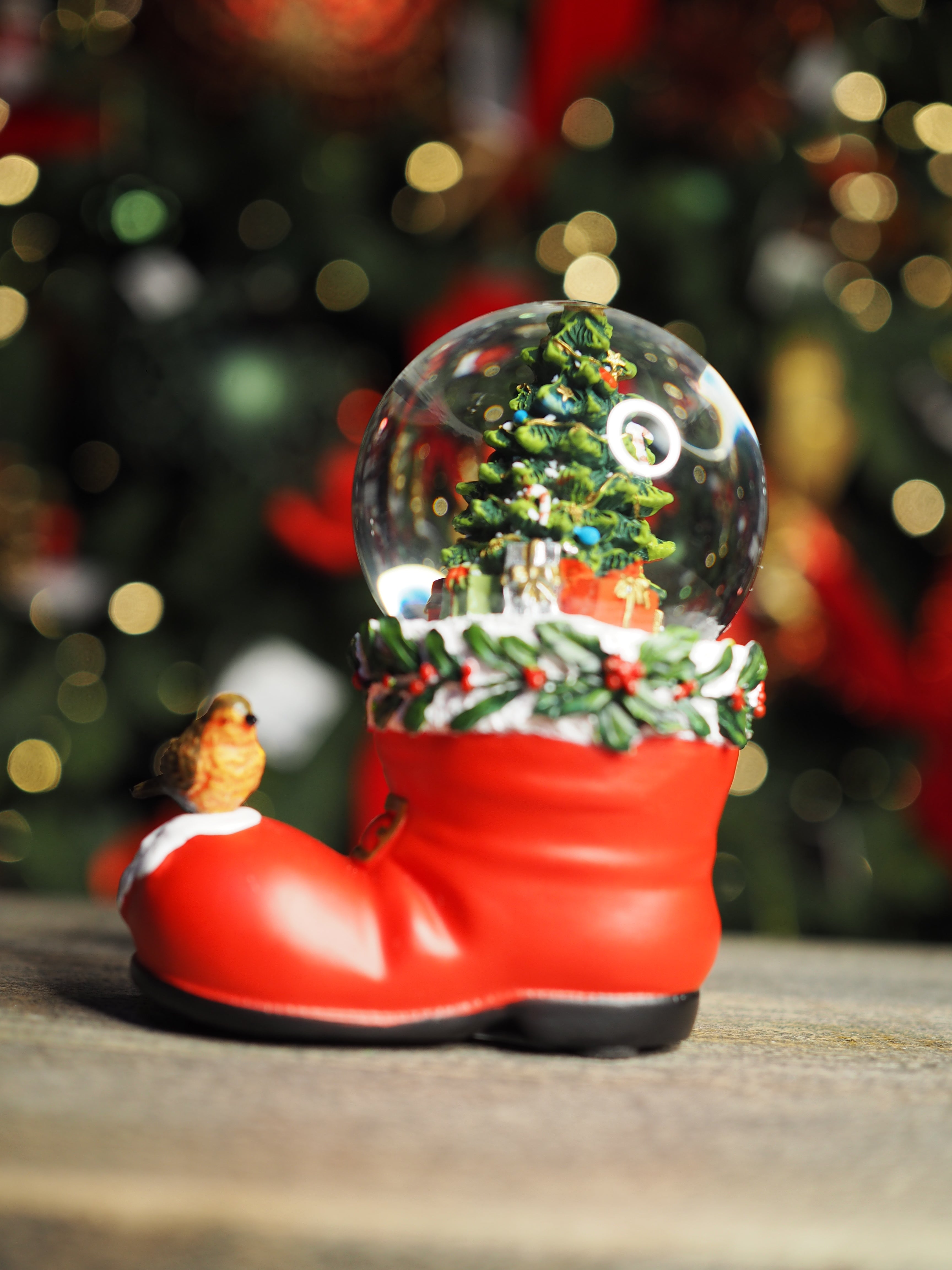 Santa boot with Christmas robin snow globe