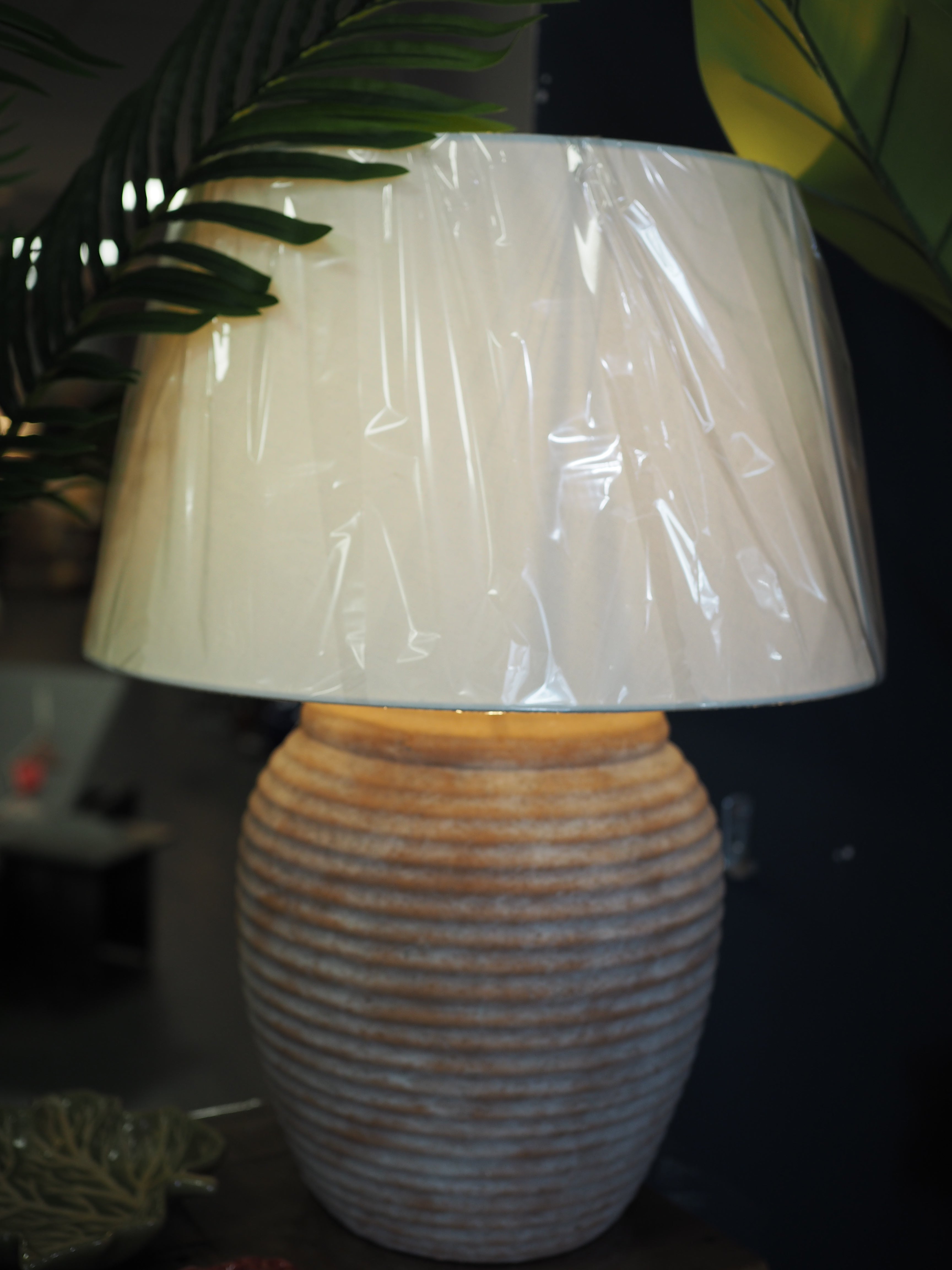 Terracotta ribbed table lamp with ivory shade
