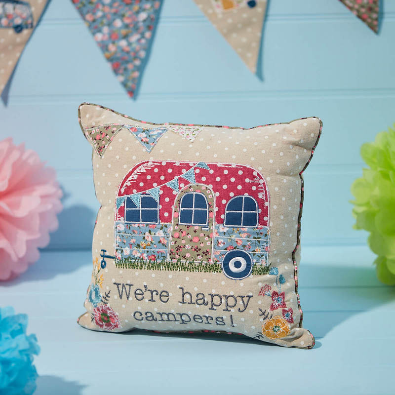 Happy campers cushion with embroidery