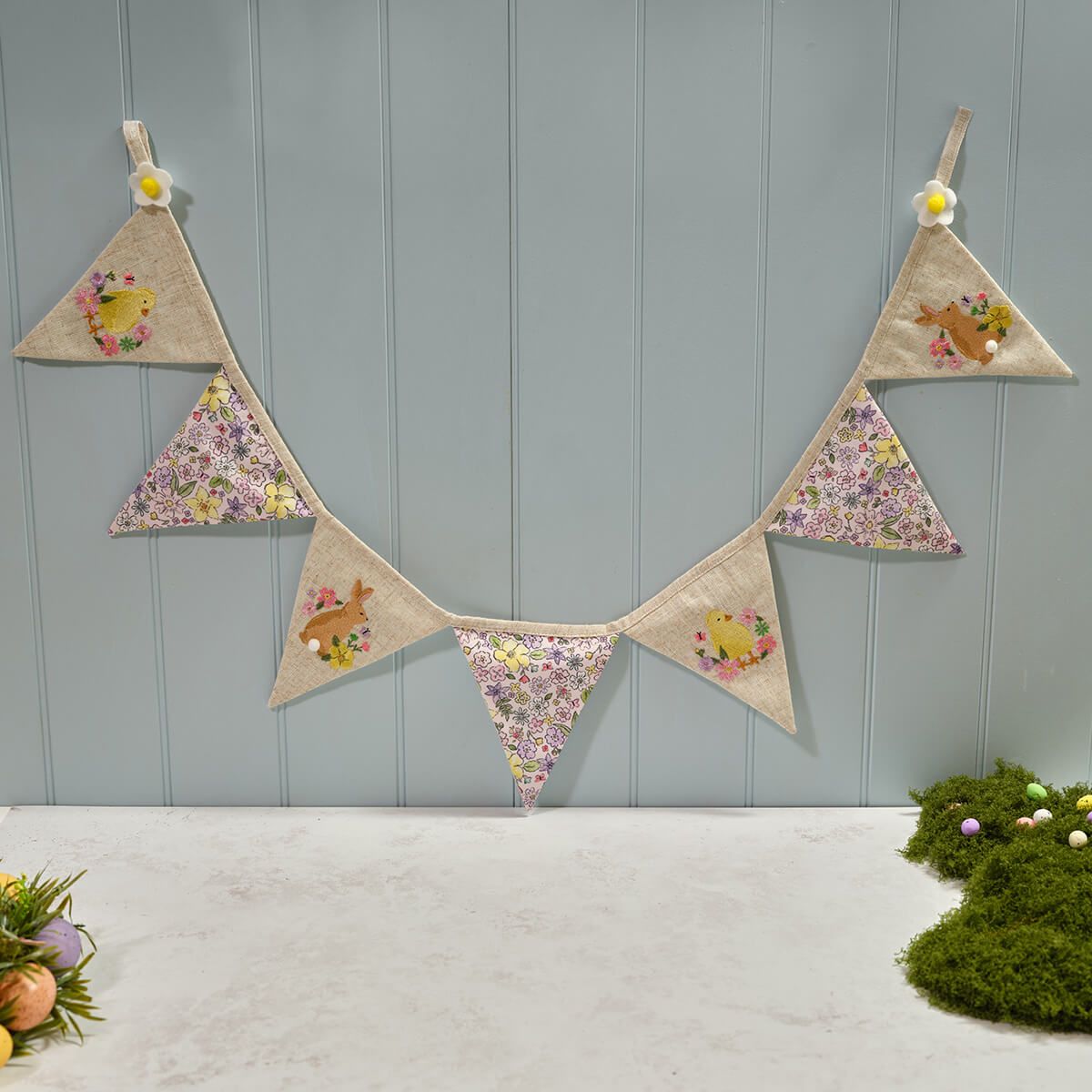 Bunny hops 7 fabric flag bunny and chick bunting with printing and embroidery