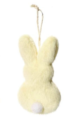Three fluffy bunny ornaments in pastel colors hanging against a white background.