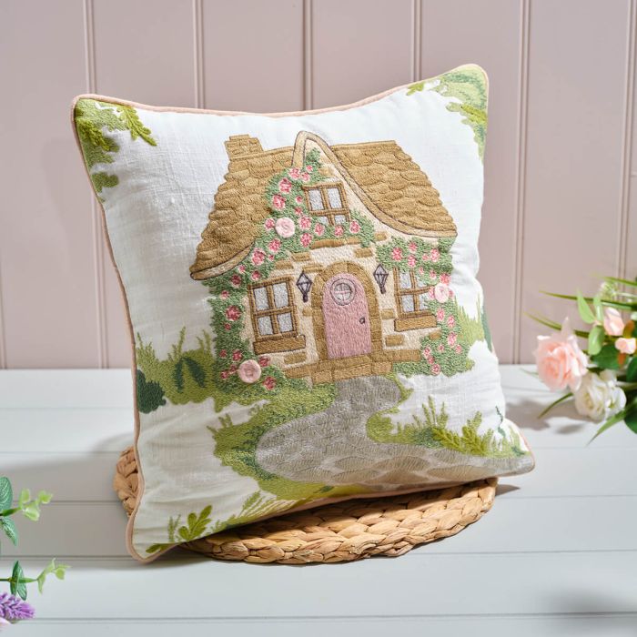 Rose cottage embroidered square cushion