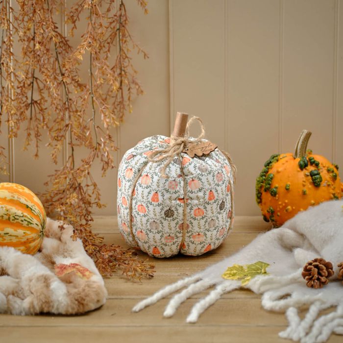 Harvest home pumpkin printed doorstop with wooden 'snuggle season' tag