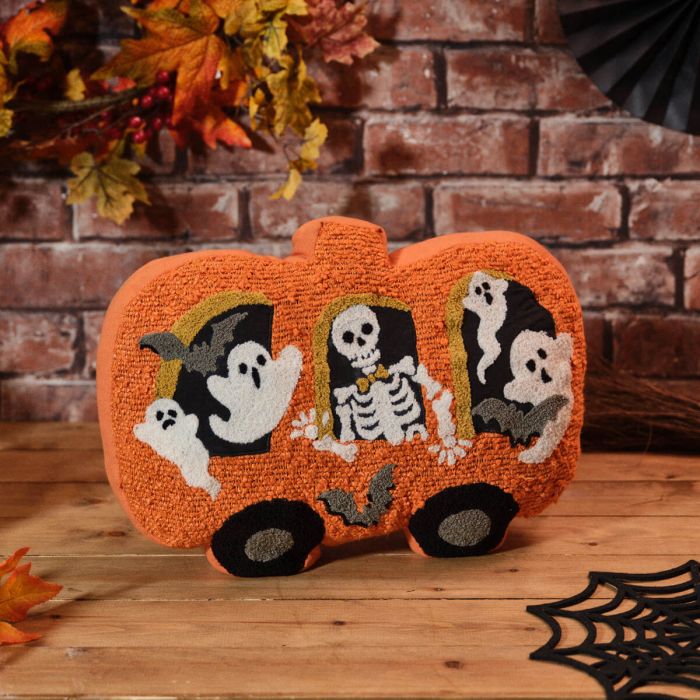 Spooktacular shaped pumpkin bus cushion with ghoulish characters