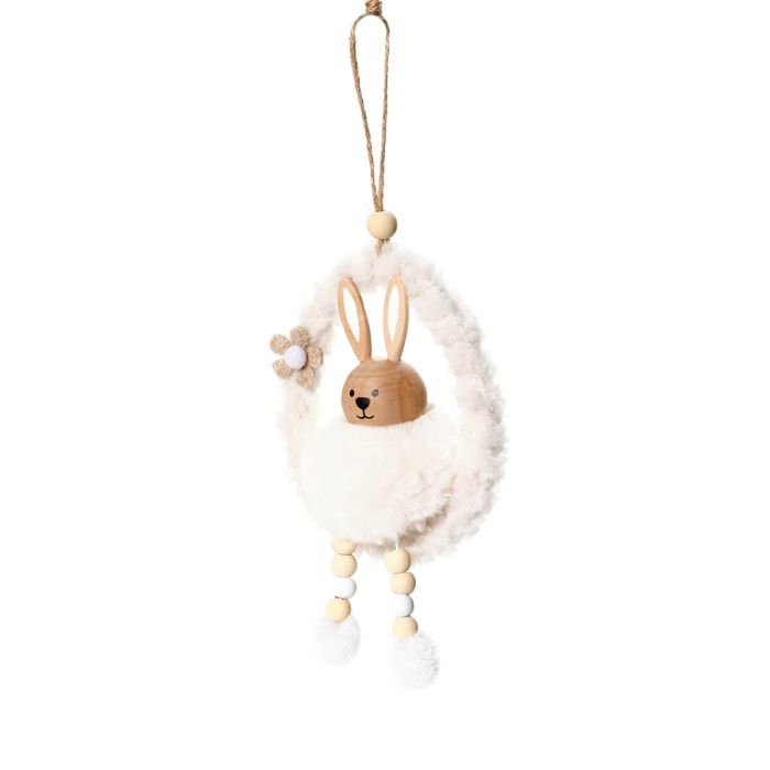 Farmhouse bunny in egg shape nest hanging dec