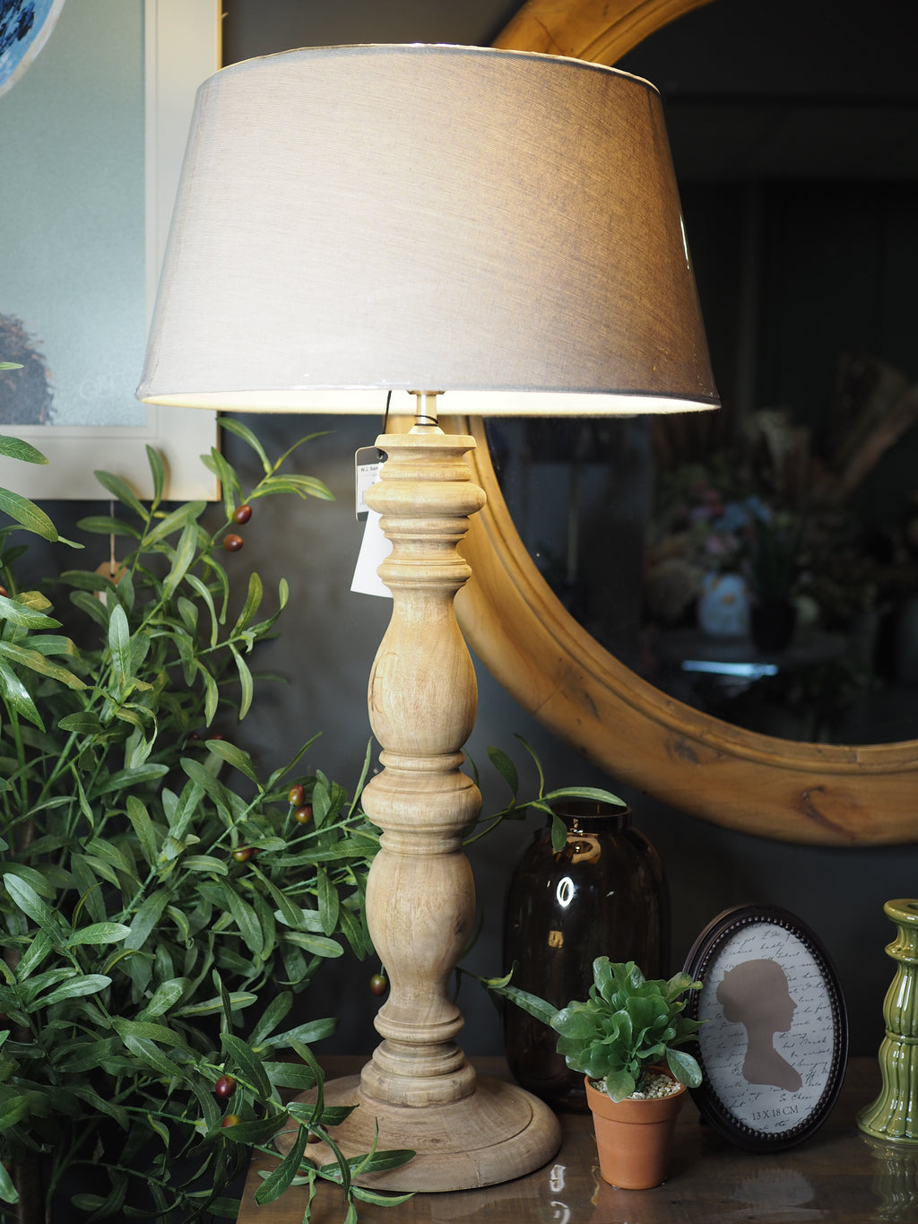 Natural wooden base table lamp with linen shade