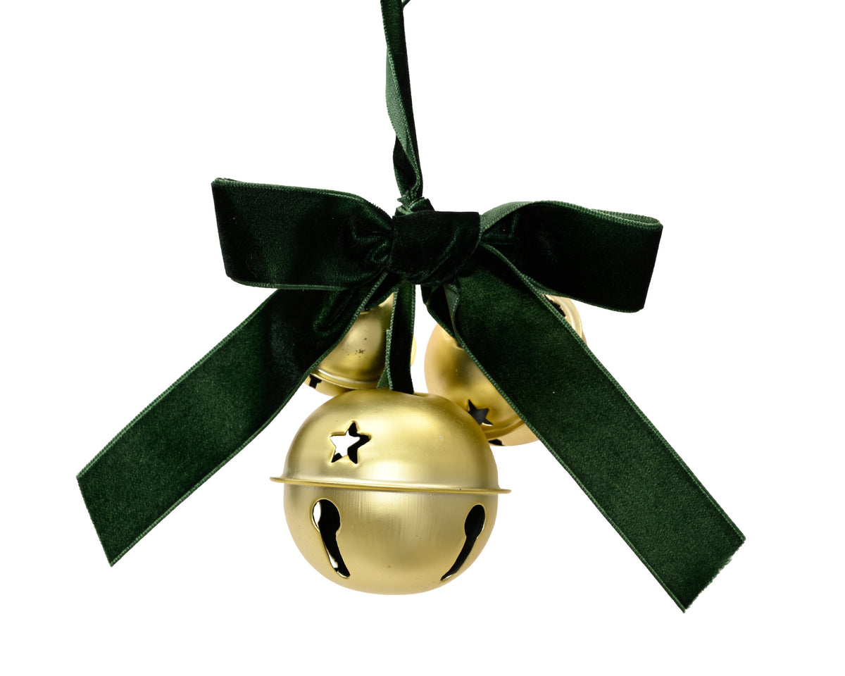 Gold Christmas bells with green velvet ribbon