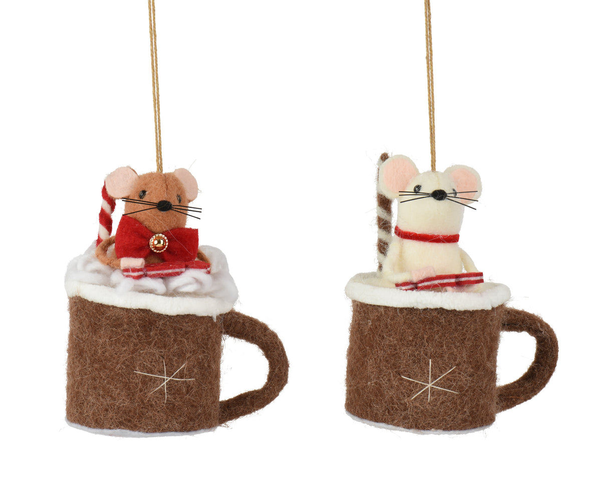 Hot chocolate with festive mouse hanging decoration