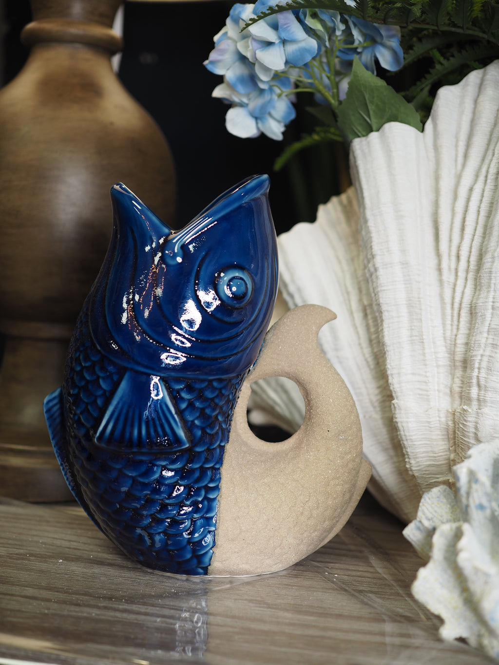 Porcelain blue and sand fish vase with glaze finish