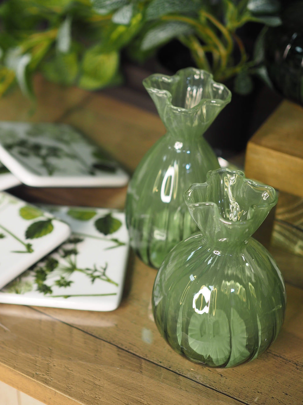 Green glass frill top bud vase