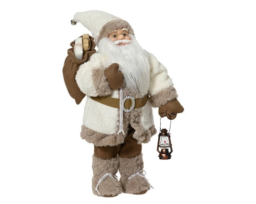 Santa with fur coat carrying his sack and bronze lantern