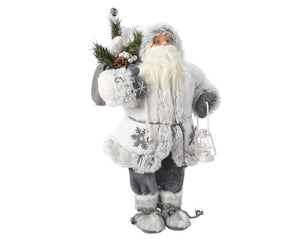 White and grey plush Santa carrying lantern