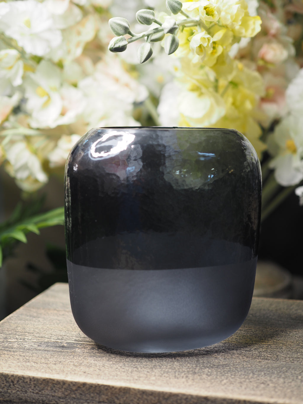 Short midnight blue glass vase