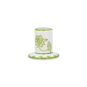 Ceramic White Mini Candlestick w Green Flower