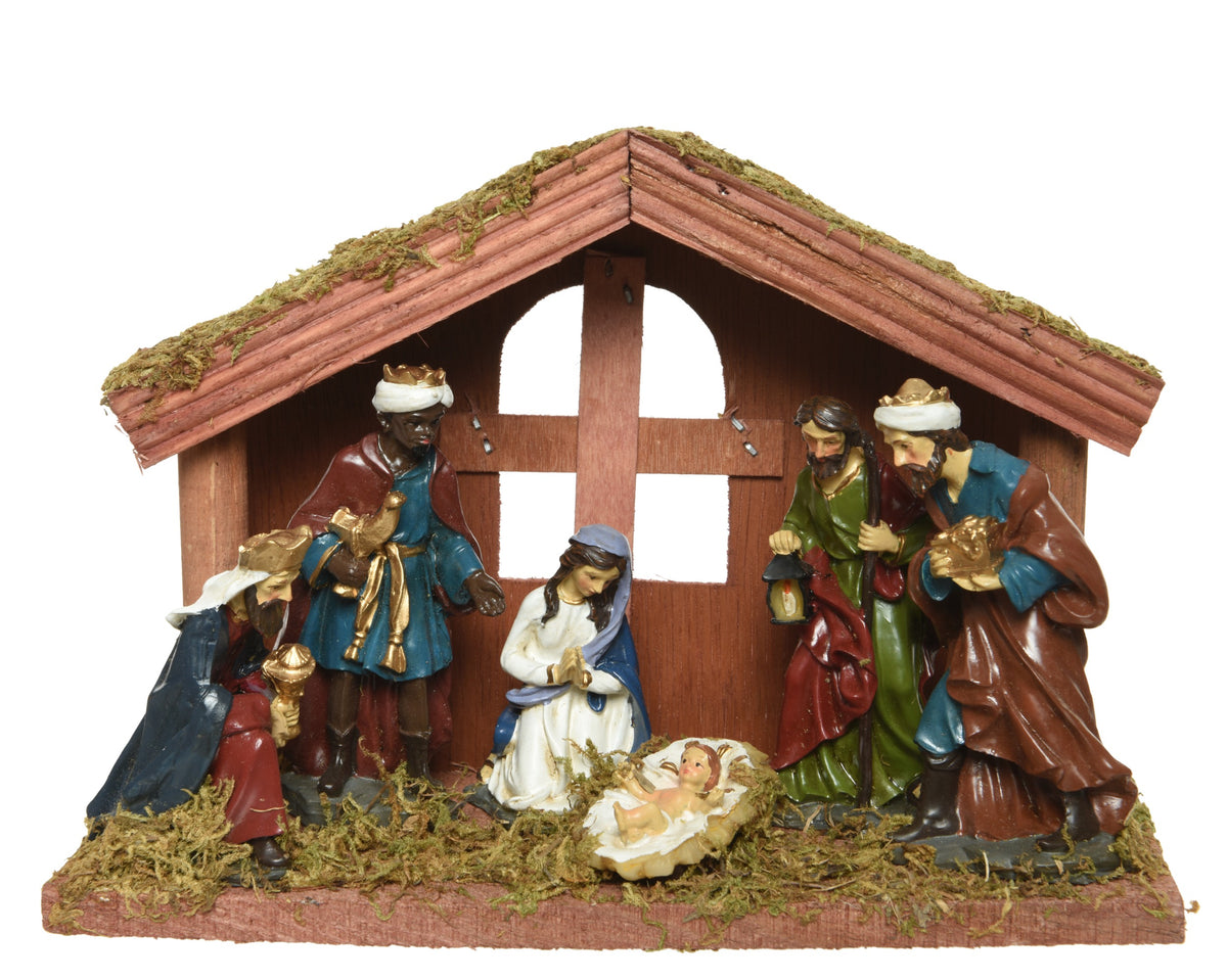 Nativity house with Mary, Joseph, Jesus & 3 Kings